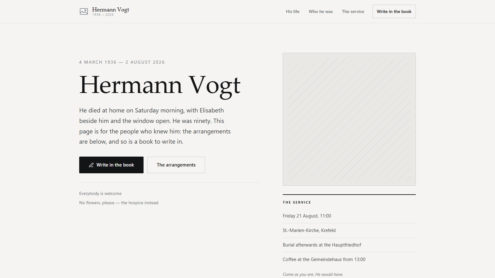 Screenshot of the Memorial & condolences design